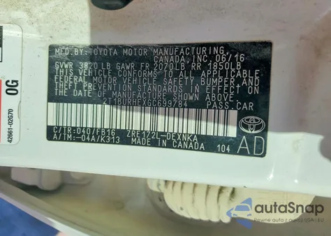 2016 Toyota Corolla L из США, поврежденный, VIN 2T1BURHEXGC699784